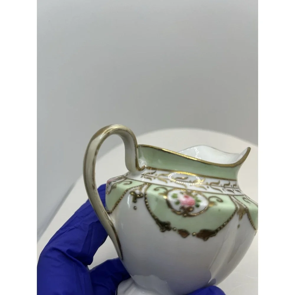 Cottagecore Hand Painted Porcelain Mini Creamer Floral Gold‎ Moriage Pink Green